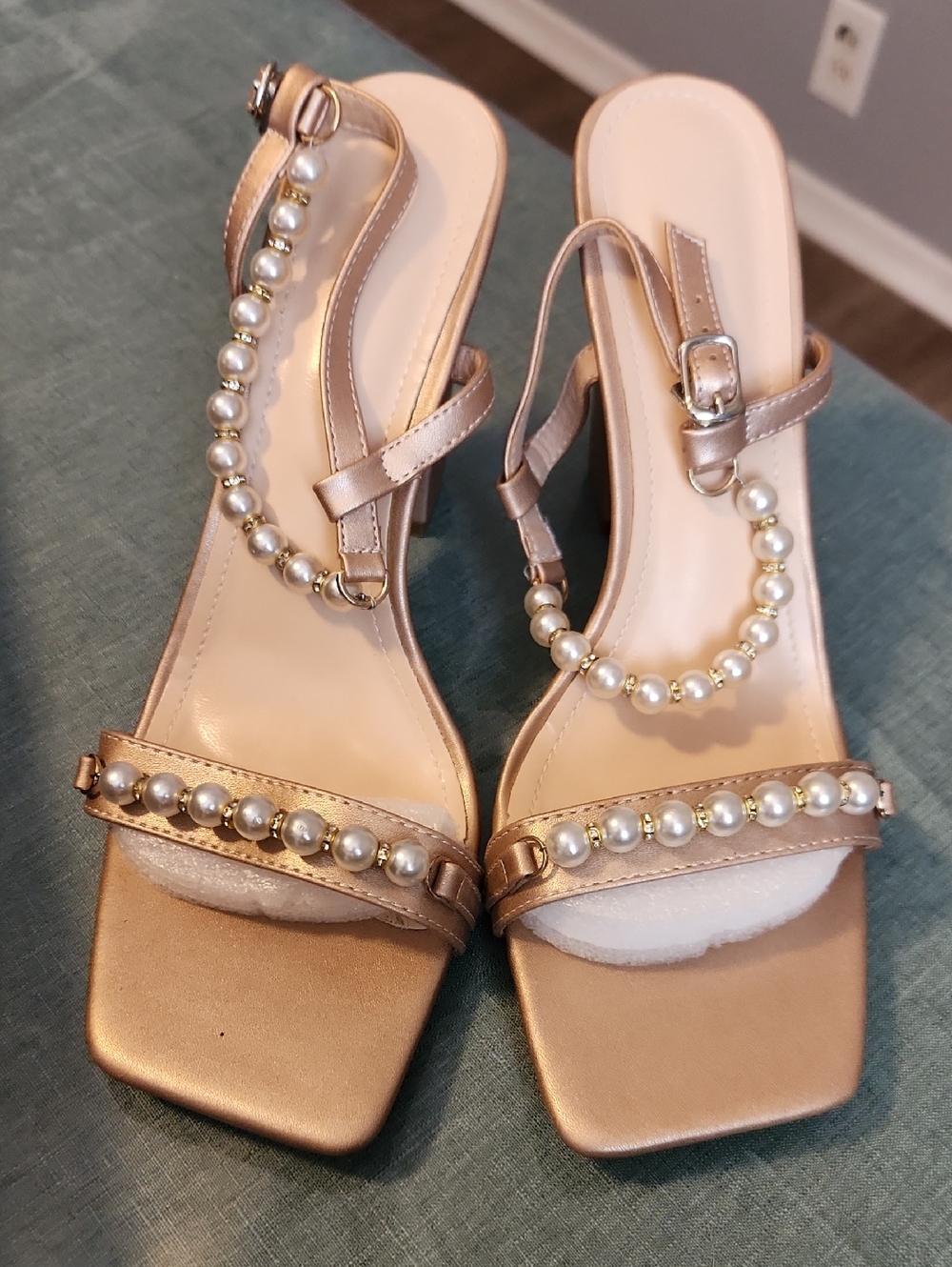 Pearl-Trim Rose Gold Heel Sandals